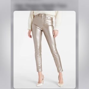 Sleek, comfortable skinny fit, metallic finish, and trendy leather material.